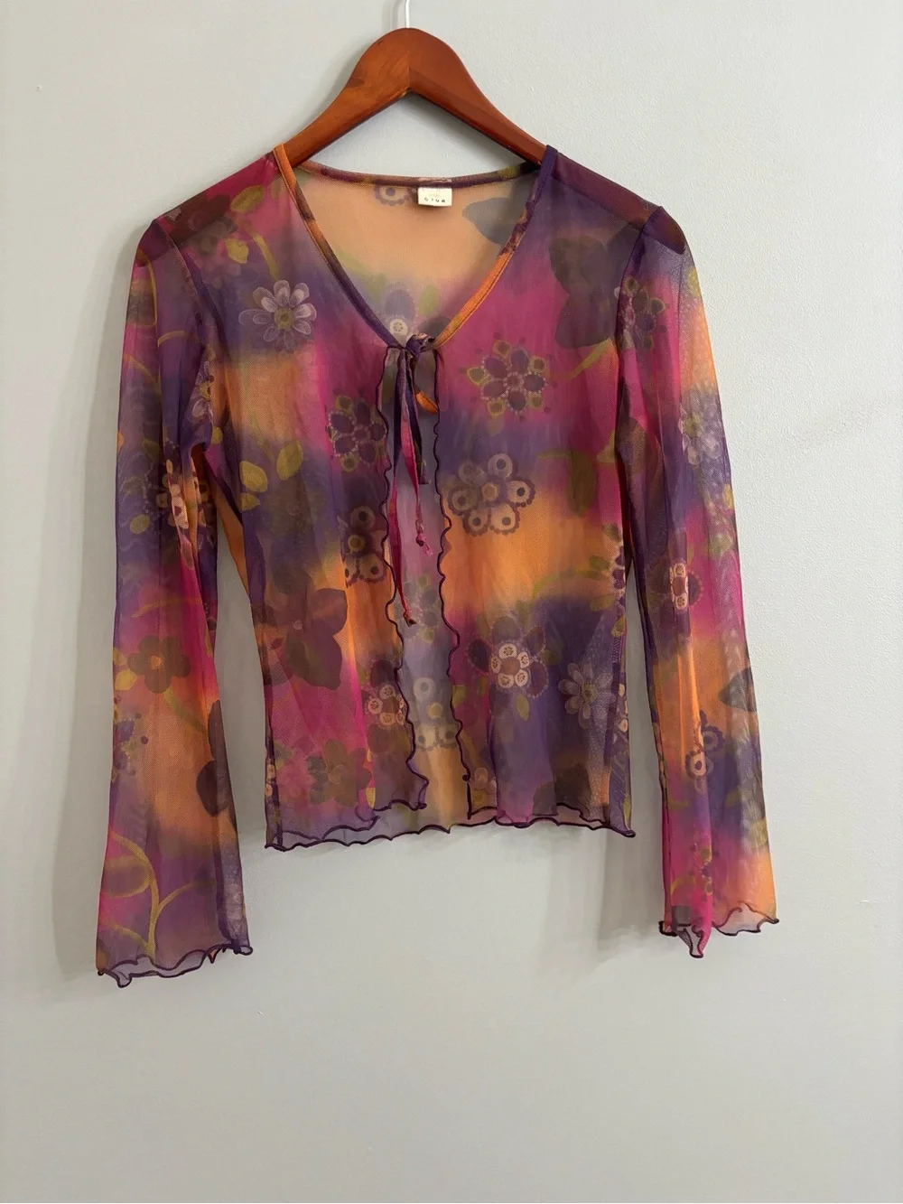 Y2K Sheer Mesh Watercolor Floral Tie Front Cardigan Top S